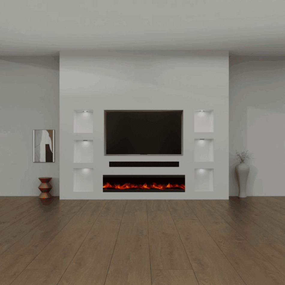 samenstelling 1 - Cinewall met 3 nissen aan beide kanten inclusief soundbar en vuurhaard