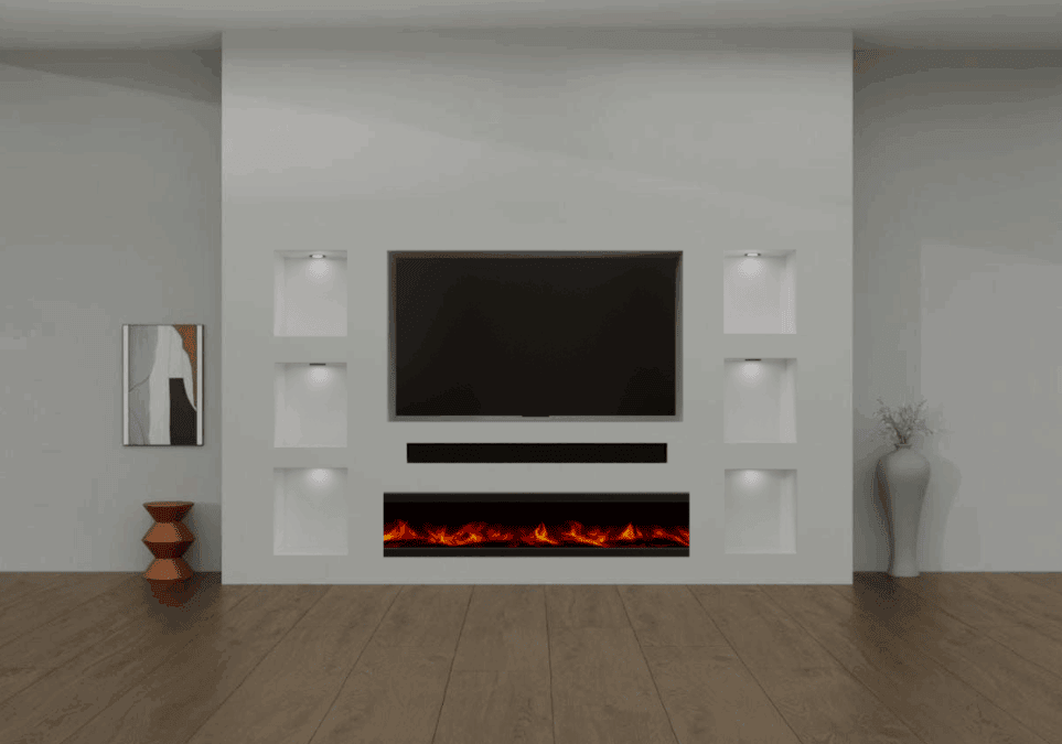 samenstelling 1 - Cinewall met 3 nissen aan beide kanten inclusief soundbar en vuurhaard